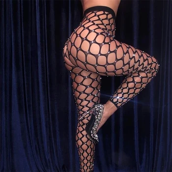 Erootiline Püksid Rhinestone Segast Seksikas Naiste Õõnes Välja Võrk Must Säärised Püksid Clubwear Pliiats Püksid Püksid 2021