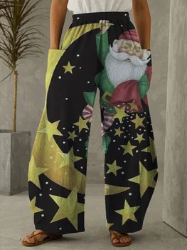 Jõulud Elegantne Vabaaja Tagasi Elastne Vöökoht Pant Naiste Tänav Lai Jalg Püksid Õie Santa Claus Prindi Pantalon Mõõdus Pant