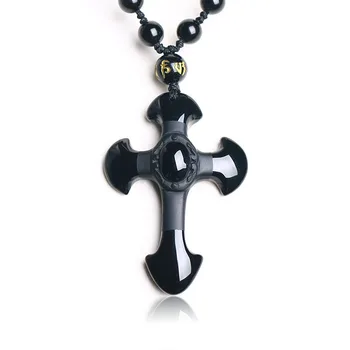 Looduslikust Kivist Obsidian Risti Amulett Ripats Kaelakee Käsitsi Nikerdatud Ripats koos Õnnelik, Vaba Helmed Keti Naiste, Meeste Ehted