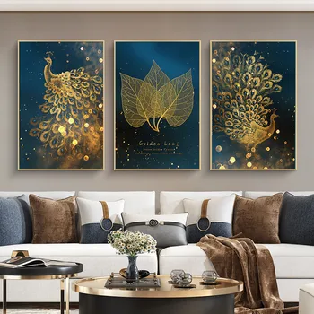 Põhjamaade Golden Peacock Leaf Seina Art Lõuend Maali Kerge Luksus Plakat ja Prindi elutuba Teenetemärgi Home Decor Pilt