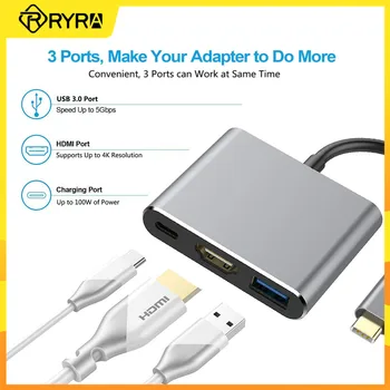 RYRA Tüüp C-HUB-USB-C-HDMI-Ühilduvate Splitter 3 In 1 4K HDMI ja USB 3.0 PD Kiire Laadimine Jaoks MacBook Huawei Sülearvuti Tarvikud
