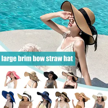 Suvel Naiste Straw Hat Bowknot Lai Nokk Floppy Panama Beach Reguleeritav Päike Naiste Lady Mütsid Mitmevärviline Väljas Foldabl J6B4