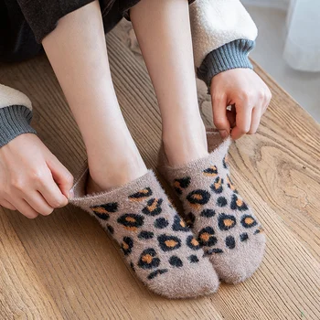 Uus Sügis Ja Talv Daamid Paat Sokid Non-slip Leopard Print Plus Velvet Paks Korrus Sokid Siseruumides Soojas Magada Puuvillased Sokid